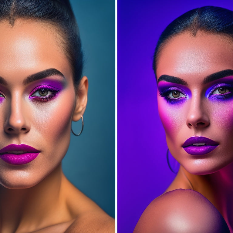 A split-screen image featuring a dancer with flawed makeup on one side, and the same dancer with flawless, digitally-enhanced makeup on the other, set against a dark, gradient purple background.