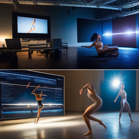 A split-screen image featuring a dancer in a studio on one side, surrounded by mirrors and barres, and a laptop with a virtual dance studio on the screen on the other side, with dance floors and virtual instructors blurred in the background.