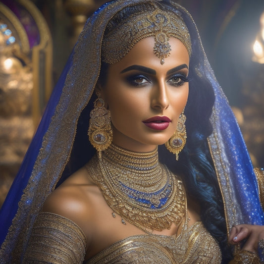 A regal, ornate Middle Eastern-inspired background with intricate patterns and golden accents, featuring a confident, poised belly dancer in a flowing, jewel-toned costume, surrounded by swirling veils.