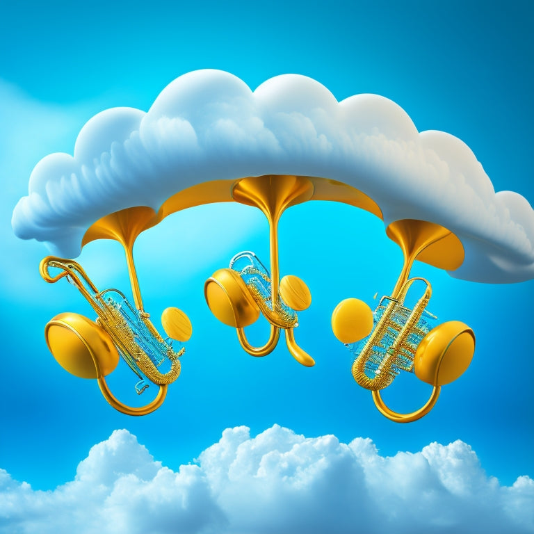 A whimsical illustration of a trombone quartet surrounded by swirling clouds, rain drops, and musical notes, set against a warm, sunny yellow background with subtle hints of blue.