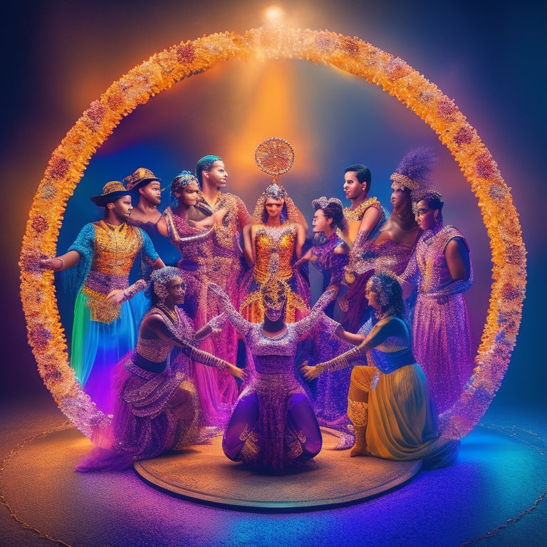 A vibrant illustration of diverse dancers from various genres, standing together in a circle, holding hands, surrounded by broken chains and shattered masks, with a warm, glowing light in the center.