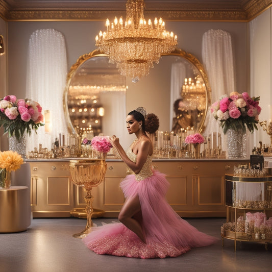 A glamorous, golden-lit beauty salon interior with a dancer in a flowing tutu posing in front of a makeup station, surrounded by trophies and flowers.