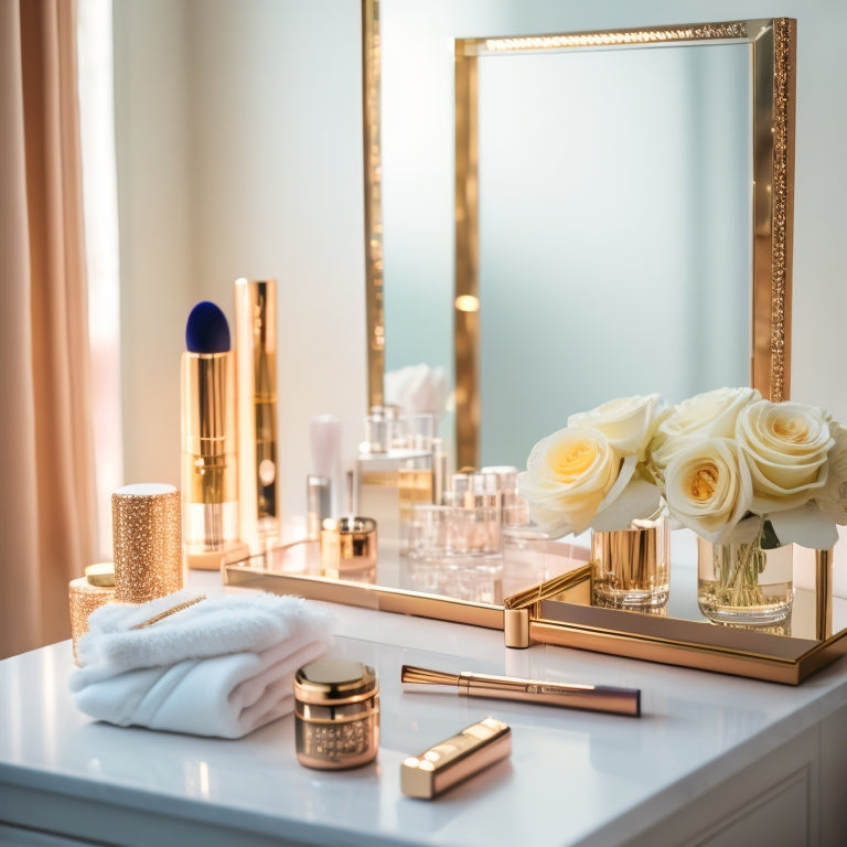 A elegant, minimalist vanity setup with a bridal party's worth of makeup products, brushes, and mirrors, surrounded by champagne flutes, flower petals, and soft, golden lighting.