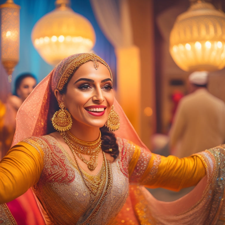 A vibrant, golden-lit dance studio with a beautiful, smiling woman in a flowing white hijab and intricate, colorful Middle Eastern attire, surrounded by ornate lanterns and exotic fabrics, dancing with joy.