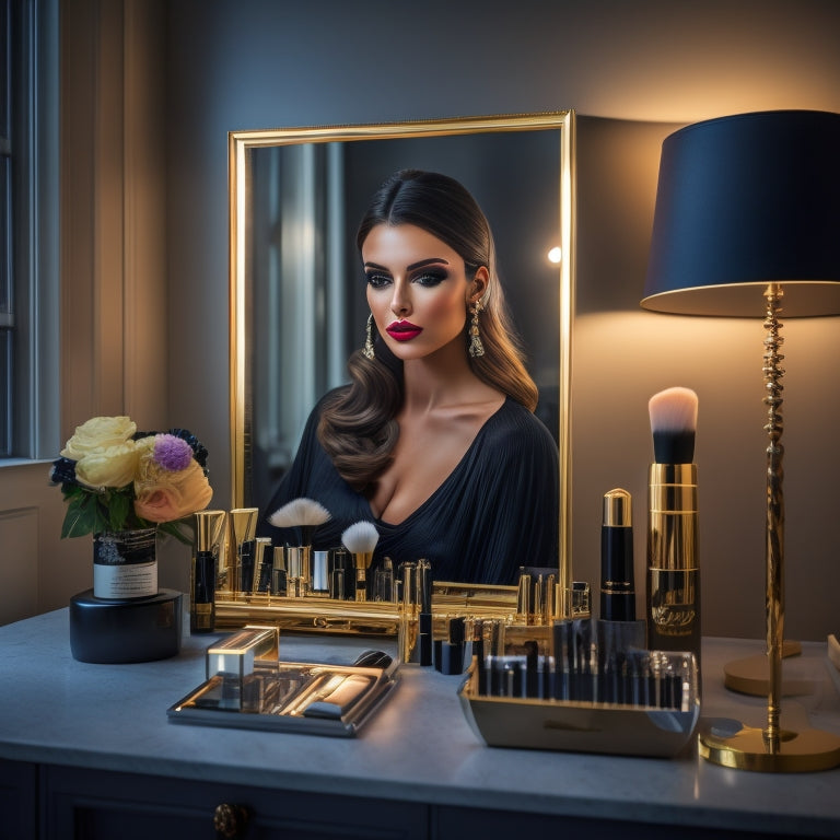 A elegant, well-lit makeup station with a sleek, black vanity, a ring light, and a variety of high-end makeup products, brushes, and tools, with a beautiful, flawless female face in the background.