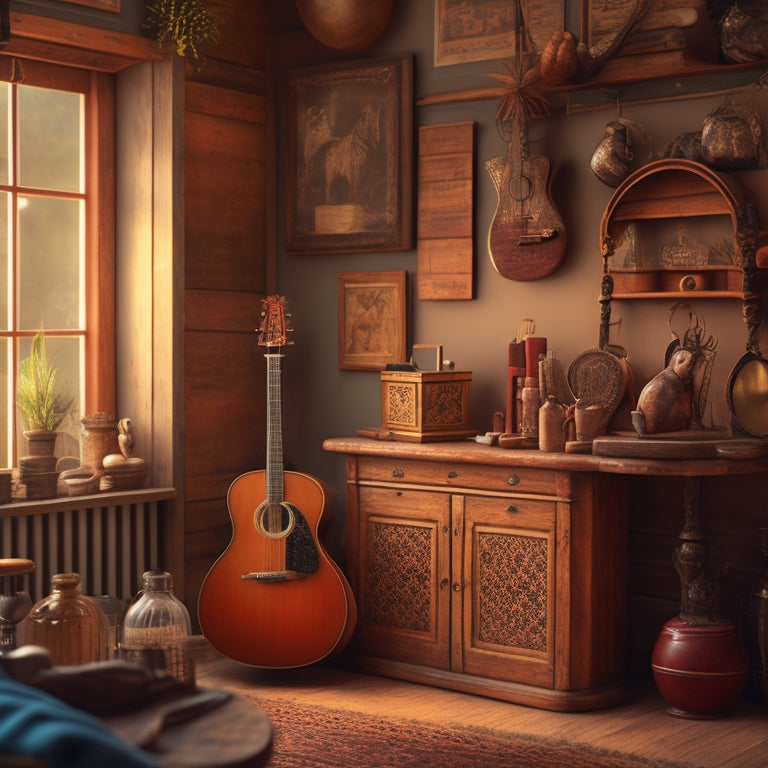 A warm, inviting illustration of a cozy folk-inspired shop interior, featuring wooden accents, vintage musical instruments, and eclectic trinkets, bathed in soft, golden lighting.