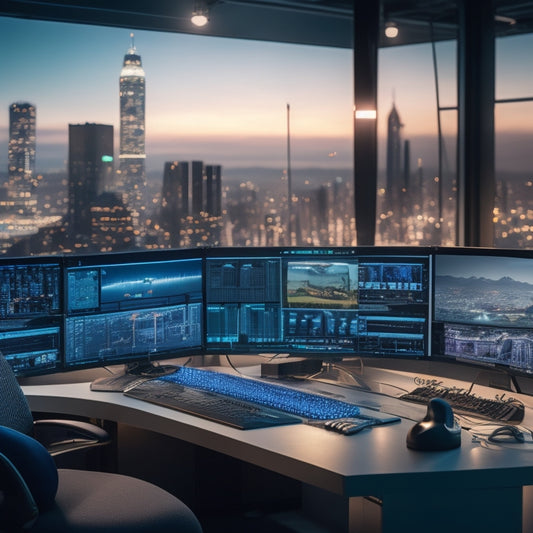 A futuristic, high-tech studio with spotlights, cameras, and microphones, surrounded by screens displaying video editing software, with a cityscape or metropolis in the background, symbolizing innovation and creativity.