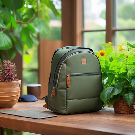 A stylish ergonomic backpack resting on a wooden desk, showcasing padded straps and a curved back design, surrounded by green plants and a laptop, emphasizing comfort and support for back health.