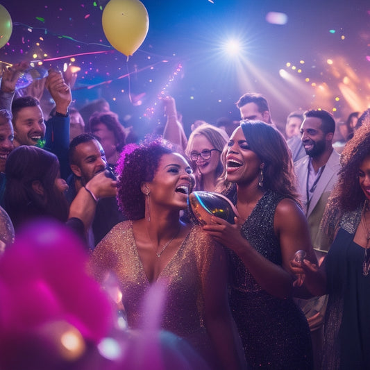 A vibrant, dimly lit party scene with a DJ spinning tracks, confetti balloons floating above, and a crowd of diverse, stylishly dressed guests laughing, dancing, and having fun.