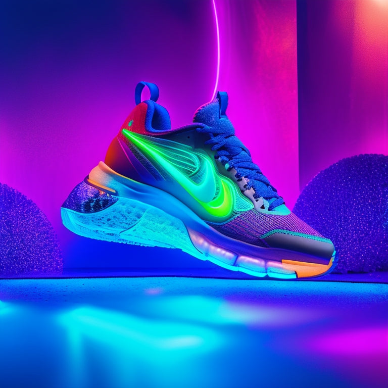 A dark background with a pair of sleek, glow-in-the-dark Nike sneakers, surrounded by stylized, swirling neon lights that evoke a sense of dynamic movement and energy.