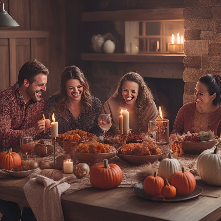 A warm-lit, rustic-chic dining room with a long wooden table, adorned with candles, pumpkins, and autumn leaves, surrounded by smiling family members of all ages, laughing and embracing.