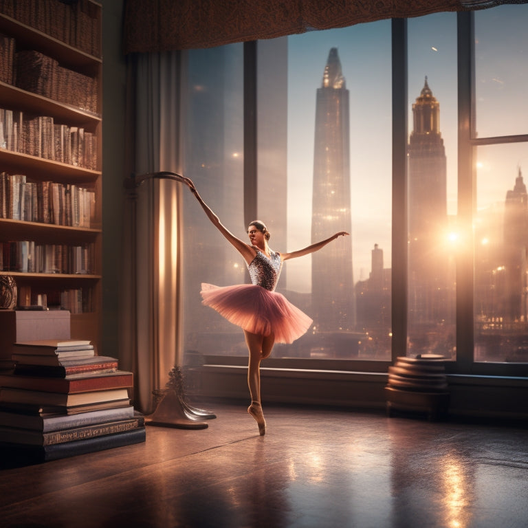 A spotlight shines on a dancer in mid-pirouette, surrounded by open books, scattered dance shoes, and a mirror reflecting a blurred cityscape, conveying a sense of dedication and artistic passion.