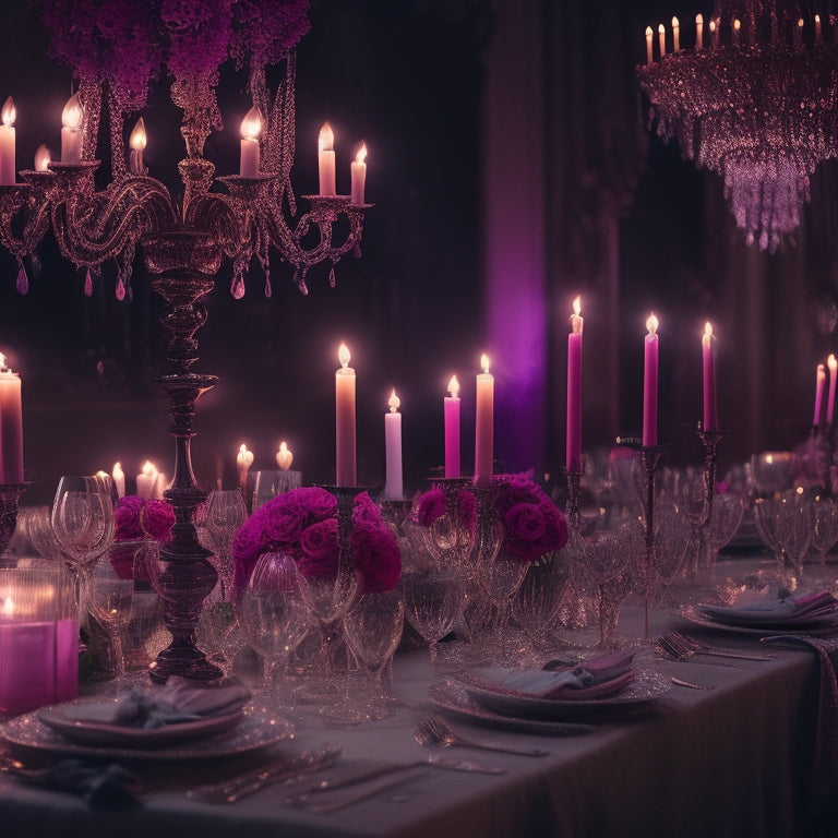 A luxurious, dimly lit party scene with a pink and purple ombre effect, featuring a stunning chandelier, elegant candelabras, and lavish flower arrangements on ornate tables.