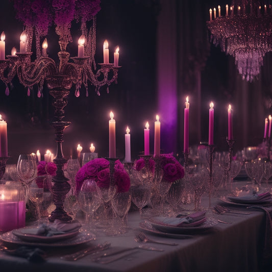 A luxurious, dimly lit party scene with a pink and purple ombre effect, featuring a stunning chandelier, elegant candelabras, and lavish flower arrangements on ornate tables.