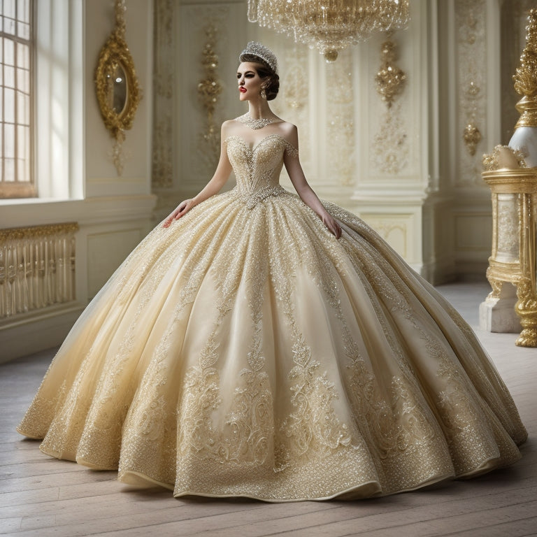 A beautiful, flowing, floor-length ball gown with a full, gathered skirt in shades of champagne and ivory, adorned with intricate beading and delicate lace, on a dress form in a grand, ornate ballroom.