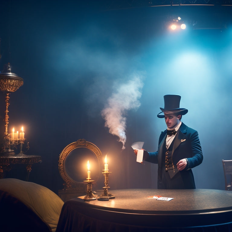 A dimly lit, smoky stage with a velvet curtain backdrop, where Michael Breggar, dressed in a top hat and tails, elegantly holds a fan of cards, surrounded by fluttering playing cards in mid-air.