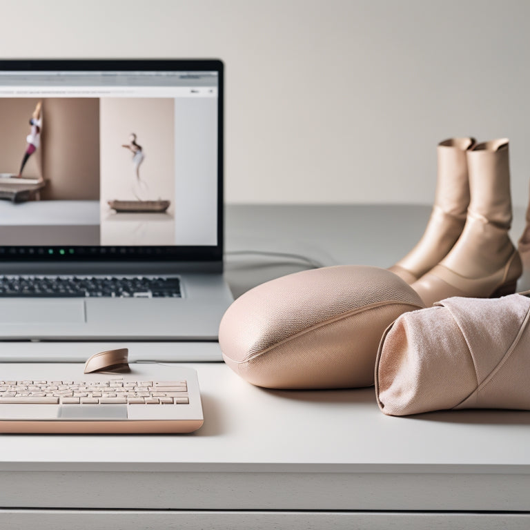 A serene, minimalist background with a laptop open on a clutter-free desk, surrounded by dance gear (pointe shoes, ballet barre, etc.), against a subtle gradient of soft, calming colors.