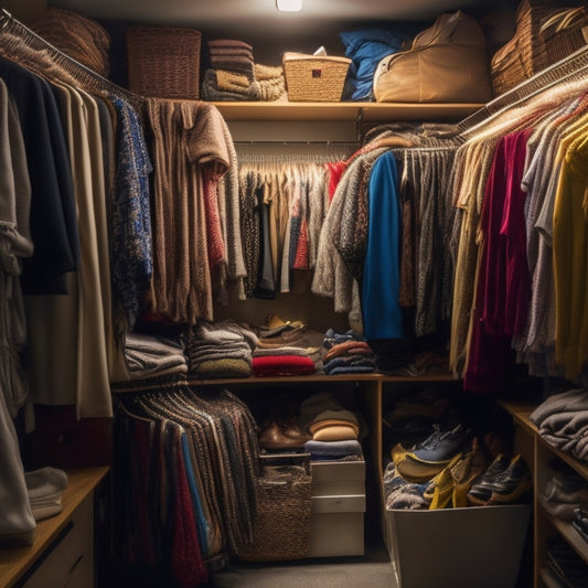 A cluttered, dimly lit closet overflowing with clothes, shoes, and accessories, with garments spilling out of shelves, hanging rods, and baskets, conveying a sense of disorganization and chaos.
