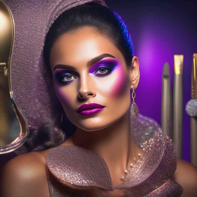 A glamorous, spotlit dancer's face with perfect, bold makeup, surrounded by scattered makeup brushes, compacts, and mirrors, against a dark, gradient background with subtle, shimmering stage lights.