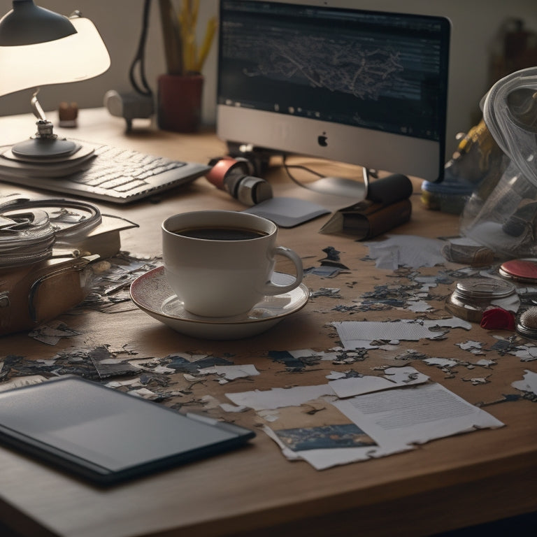 A cluttered desk with scattered papers, broken pencils, and a laptop with a screen displaying a tangled web of wires and broken puzzle pieces, surrounded by crumpled drafts and empty coffee cups.