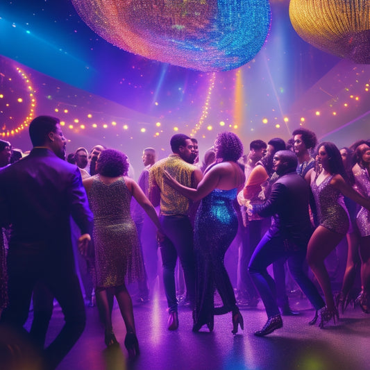 A vibrant illustration of a crowded dance floor, spotlight shining down on a diverse group of people twirling, spinning, and swaying to the rhythm, surrounded by swirling colorful lights and disco balls.