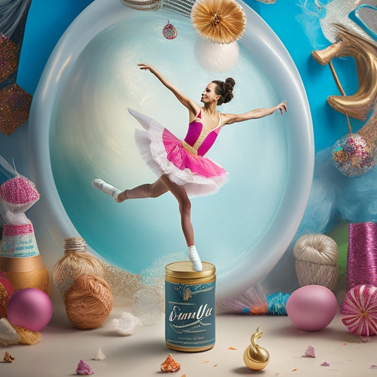 A whimsical illustration of a young dancer in mid-leap, surrounded by swirling dance studio props, with a 20oz DANSEUSE Wrap packaging subtly integrated into the scene.