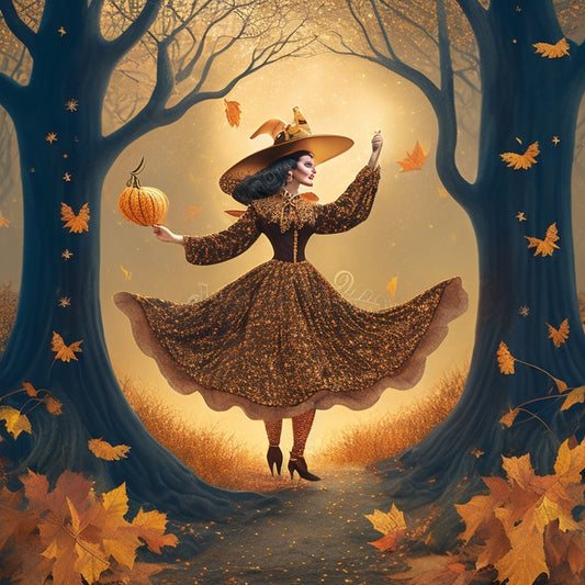 A whimsical illustration of a dancing witch, surrounded by swirling fall leaves, holding a sign with a subtle spider web pattern, amidst a backdrop of warm, golden autumn hues and twinkling stars.