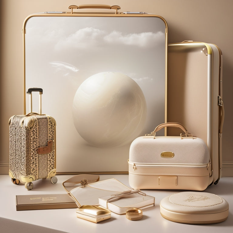 A suitcase with a full-length mirror peeking out, surrounded by travel accessories like passports, luggage tags, and a globe, set against a soft, creamy background with subtle travel-inspired patterns.