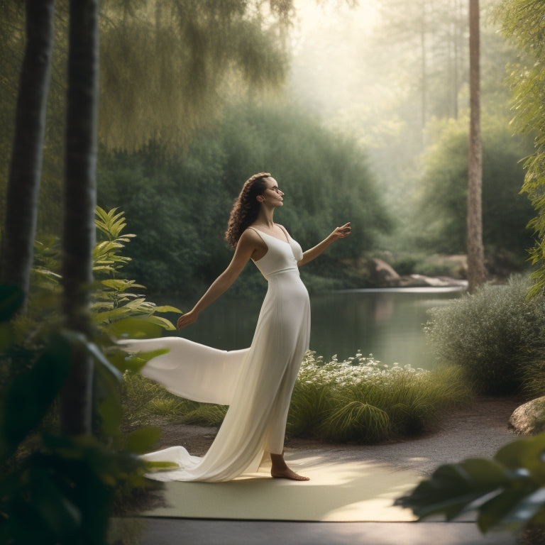 A serene, calming illustration of a person in a peaceful environment, surrounded by gentle greenery, performing a gentle pelvic tilt, with subtle, soothing color tones and soft, flowing lines.