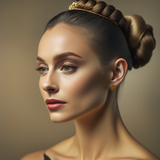 A serene, close-up depiction of a ballet dancer's elegant updo, with sleek, shiny hair tightly coiled into a perfect bun, adorned with a few strategically placed stray strands framing the face.
