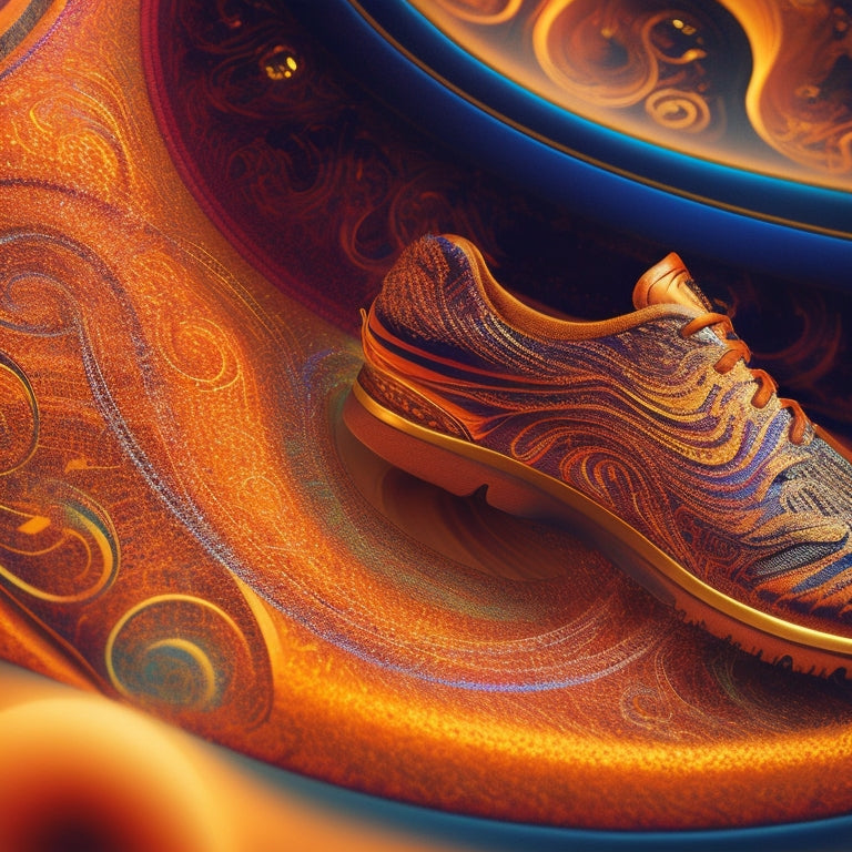 A vibrant illustration featuring a pair of dancing feet surrounded by swirling patterns of sound waves, musical notes, and rhythmic lines, set against a warm, golden background.