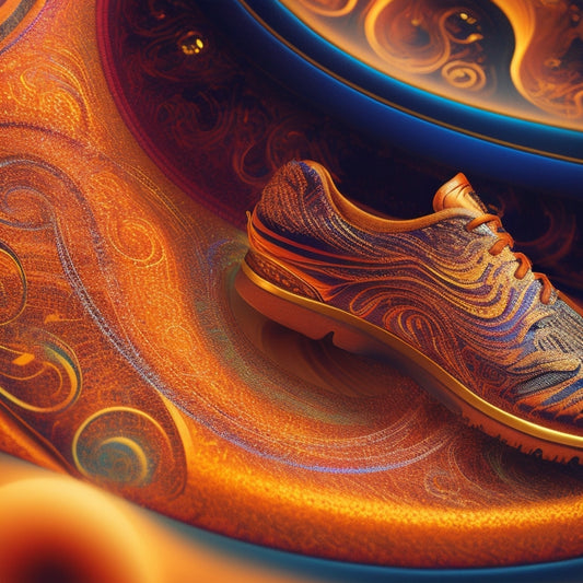 A vibrant illustration featuring a pair of dancing feet surrounded by swirling patterns of sound waves, musical notes, and rhythmic lines, set against a warm, golden background.