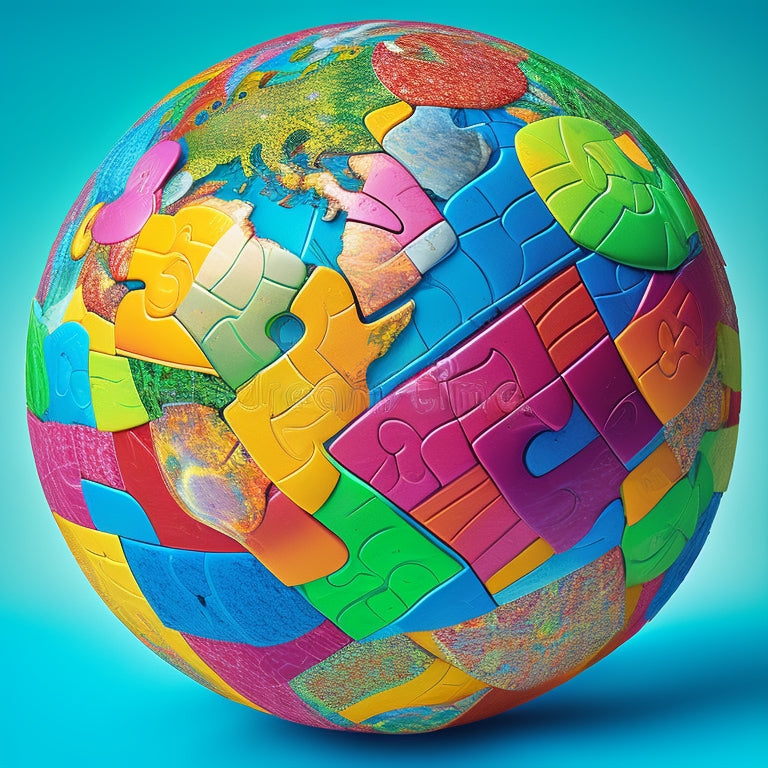 A vibrant, stylized illustration depicting a globe with puzzle pieces of varying colors and patterns coming together to form a complete, radiant sphere, surrounded by diverse, intertwined threads.