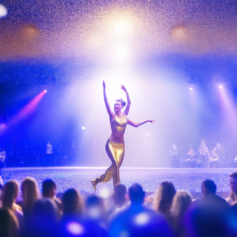 A spotlight shines on a dancer in mid-air, surrounded by confetti and glitter, with a blurred-out audience cheering in the background, amidst a sea of trophies and medals on a velvet stage.