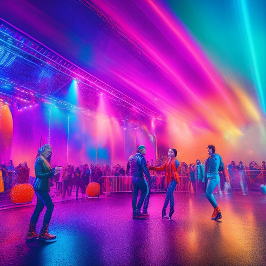 Vibrant, colorful illustration of a futuristic dance club inside a repurposed grain silo, with strobing lights, confetti, and ecstatic dancers surrounded by towering silo walls and a DJ booth.