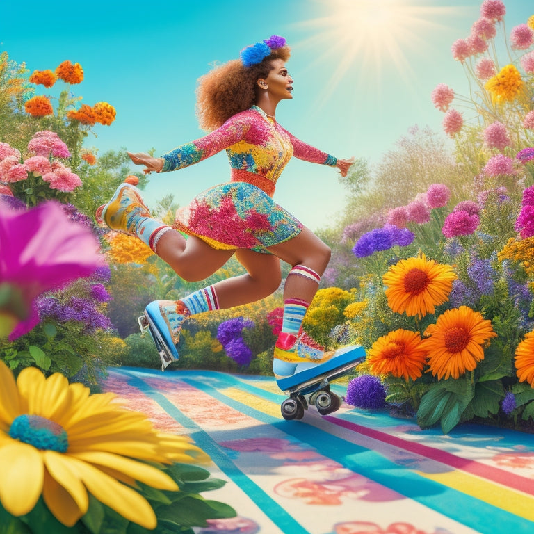 A whimsical illustration of a person wearing roller skates, arms outstretched for balance, standing on a bright, sunny outdoor track surrounded by colorful flowers and lush greenery.