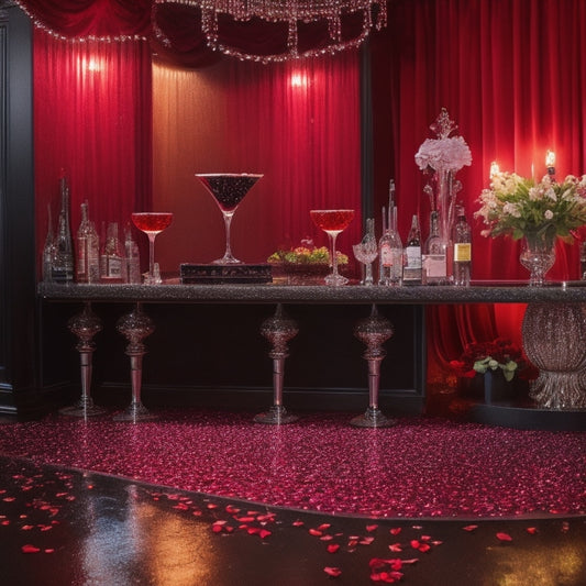 A glamorous, dimly-lit cocktail bar with a sleek, black countertop, adorned with a single, elegant "Dirty Dancer" cocktail, surrounded by glittering, rhinestone-encrusted dance shoes and a few scattered, red rose petals.