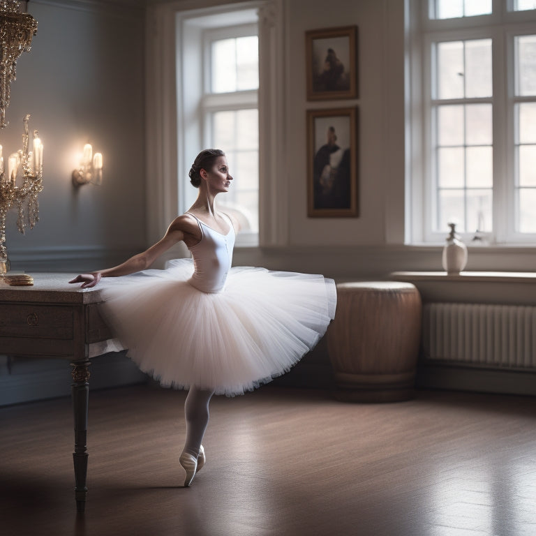 A serene, elegantly lit ballet studio with a dancer in a flowing white tutu, standing in front of a wooden barre, with a subtle hint of a strapless leotard underneath.