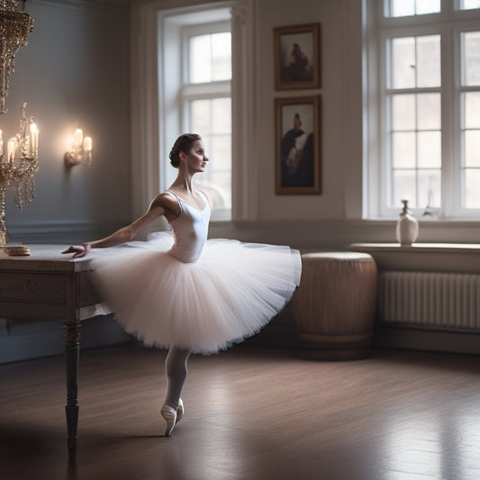 A serene, elegantly lit ballet studio with a dancer in a flowing white tutu, standing in front of a wooden barre, with a subtle hint of a strapless leotard underneath.