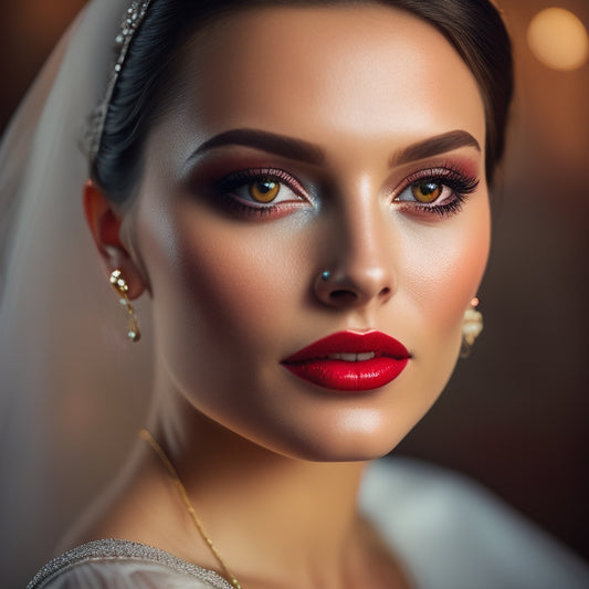 A stunning, glowing bride stands alone against a soft, blurred background, her flawless skin and vibrant, bold makeup look (smoky eyes, bold red lips) illuminated by soft, golden light.