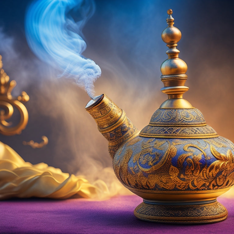 A vibrant, golden-hued background adorned with intricate Arabic calligraphy patterns, surrounded by swirling, whimsical smoke, and featuring a majestic, ornate magic lamp with a risen genie's misty aura.