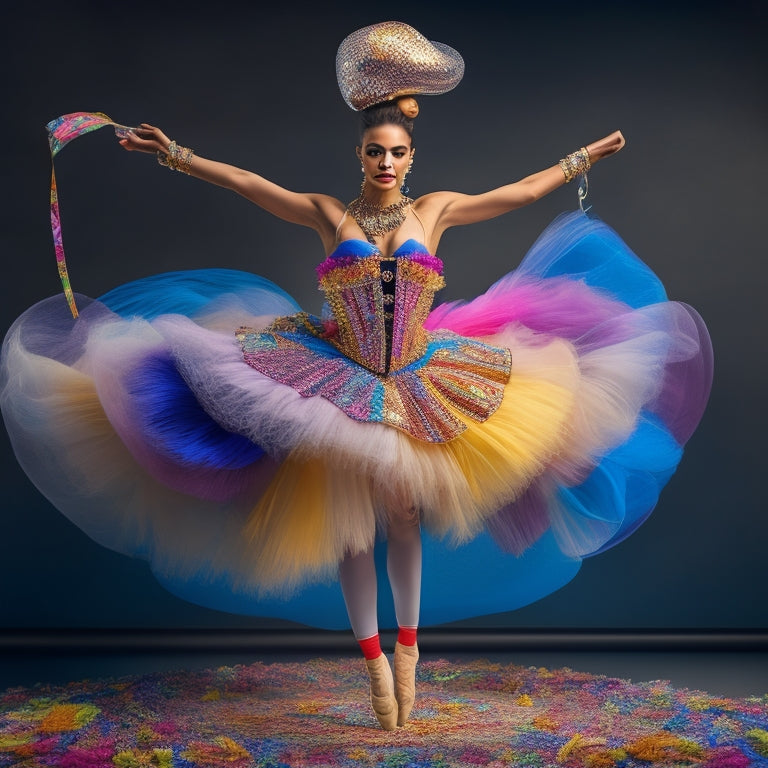 A whimsical illustration of a dancer in mid-pose, surrounded by floating costume pieces, with threads, tapes, and pins connecting them to the dancer's body, showcasing creative solutions to keep the costume in place.