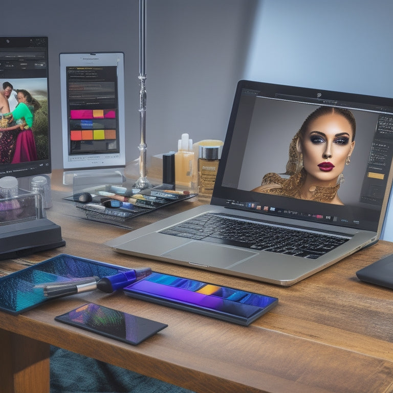 A split-screen image featuring a dance makeup artist's workstation with brushes, palettes, and products on one side, and a laptop with an online course website open on the screen on the other.