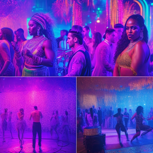 A vibrant, neon-lit dance floor filled with diverse, joyful dancers moving to the rhythm, surrounded by Indigenous patterns and motifs, with DJ booths and turntables in the background, pulsing with energy.