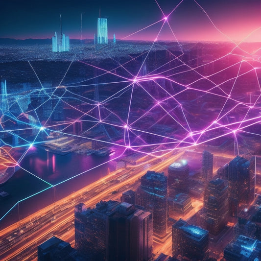 A futuristic, neon-lit cityscape with a giant, glowing network diagram hovering above, featuring nodes and connections resembling a cyberweb, surrounded by abstract, swirling patterns of 1s and 0s.