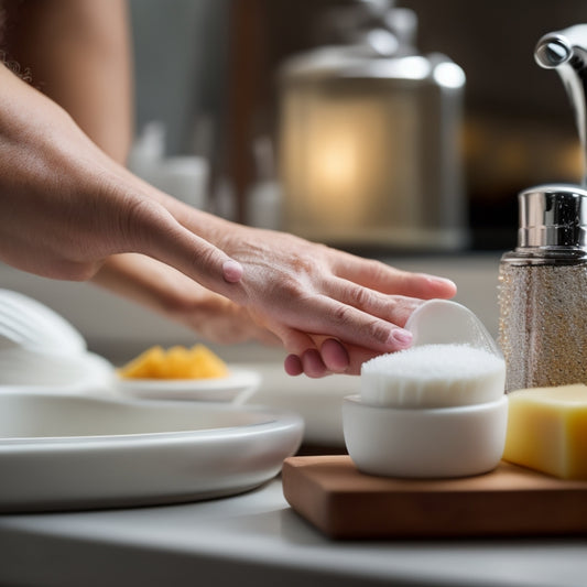 A close-up image of a person's hands, with one hand holding a bar of soap and the other hand rinsing under a faucet, surrounded by a few scattered hand creams and a nail brush.