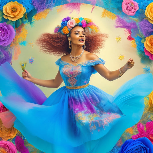 A whimsical illustration featuring a vibrant, dancing woman surrounded by swirling watercolor threads, embroidery hoops, and colorful flowers, set against a soft, gradient blue background.