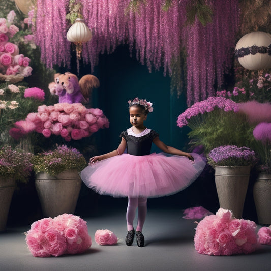 A whimsical illustration of a young girl, dressed in a bright pink tutu, standing confidently in black ballet shoes, surrounded by scattered flowers and ballet bars, against a soft, pastel background.