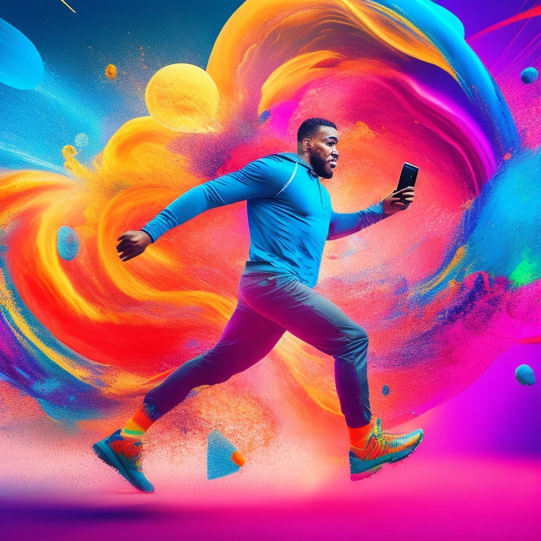 A vibrant illustration of a dynamic figure in motion, surrounded by swirling shapes and bursts of color, with a pair of earbuds and a smartphone at the center, radiating energy and movement.