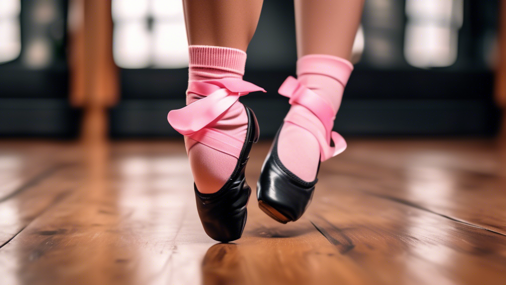 A close-up of a black tap shoe with adjustable straps tightened snugly around the foot of a young female dancer in pink socks, standing on a wooden dance floor.